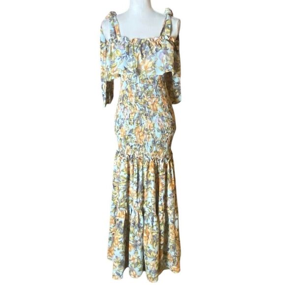 Luxxel Womens Blue Multi Floral Print Smocked Midi Dress Size Small NWT - Picture 3 of 6
